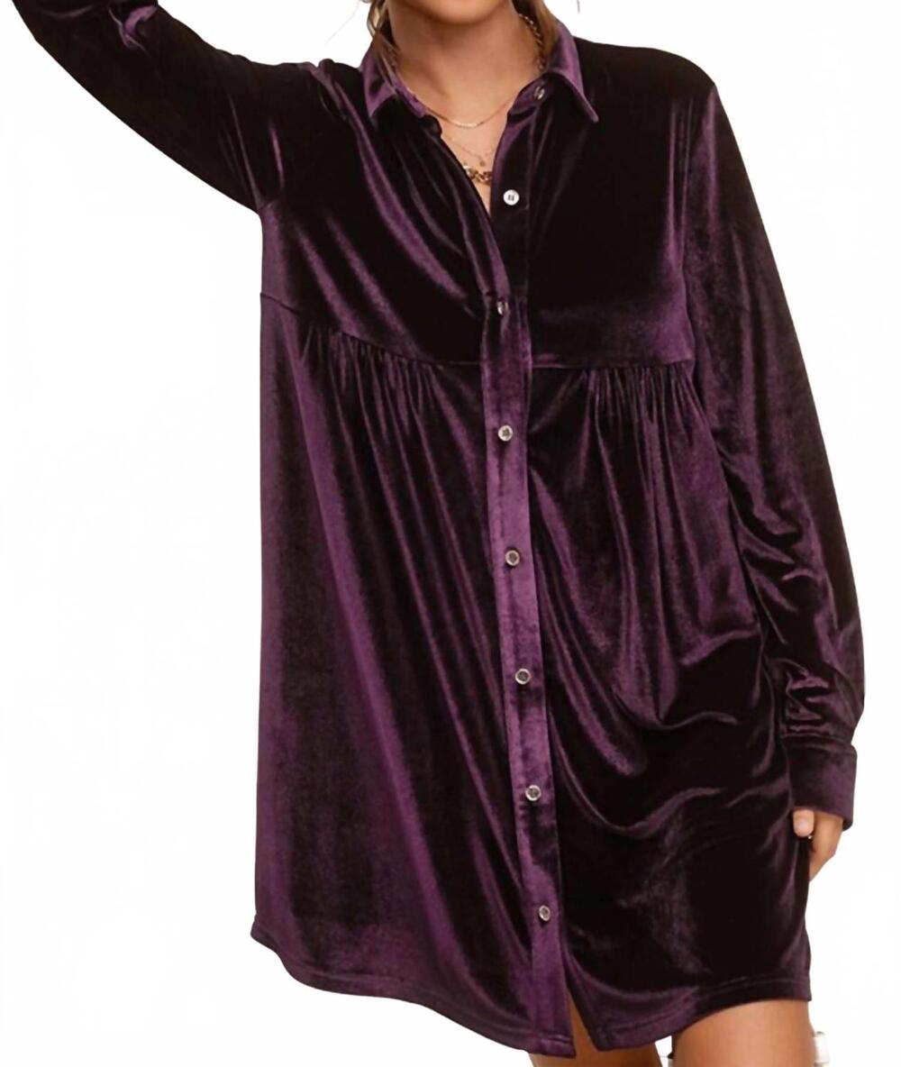 NEW LA MIEL velvet mini shirt dress in purple